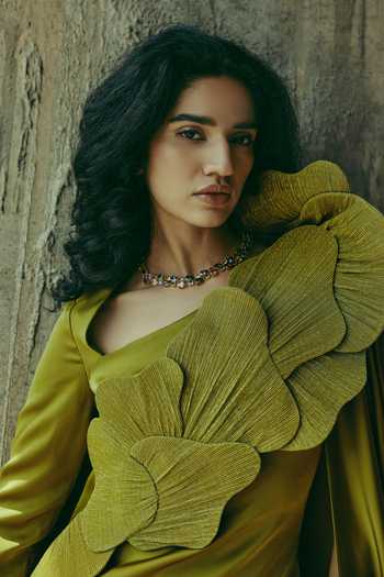 Shop Supria Munjal Olive Green Crepe Fabric Flowers Plunge Neck Sculpted Floral Gown Online at Aza Fashions Shop_Supria Munjal_Olive Green Crepe Fabric Flowers Plunge Neck Sculpted Floral Gown _Online_at_Aza_Fashions