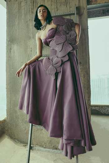 Shop Supria Munjal Mauve Crepe Fabric Flowers Sweetheart Neck Petal Sculpted Gown Online at Aza Fashions Shop_Supria Munjal_Mauve Crepe Fabric Flowers Sweetheart Neck Petal Sculpted Gown _Online_at_Aza_Fashions