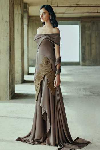 Supria Munjal Brown Crepe Applique Off-shoulder Draped Petal Gown Online at Aza Fashions Supria Munjal_Brown Crepe Applique Off-shoulder Draped Petal Gown _Online_at_Aza_Fashions