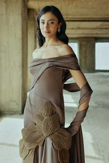 Buy Supria Munjal Brown Crepe Applique Off-shoulder Draped Petal Gown Online at Aza Fashions Buy_Supria Munjal_Brown Crepe Applique Off-shoulder Draped Petal Gown _Online_at_Aza_Fashions