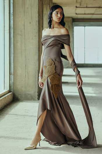 Shop Supria Munjal Brown Crepe Applique Off-shoulder Draped Petal Gown Online at Aza Fashions Shop_Supria Munjal_Brown Crepe Applique Off-shoulder Draped Petal Gown _Online_at_Aza_Fashions