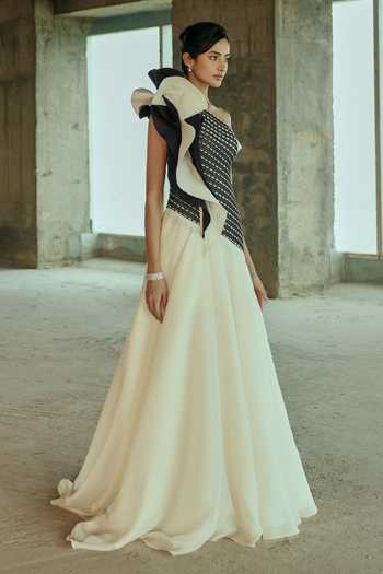 Supria Munjal Black Organza Ruffles Asymmetric Neck, One Shoulder Petal Cascade Gown Online at Aza Fashions Supria Munjal_Black Organza Ruffles Asymmetric Neck, One Shoulder Petal Cascade Gown _Online_at_Aza_Fashions