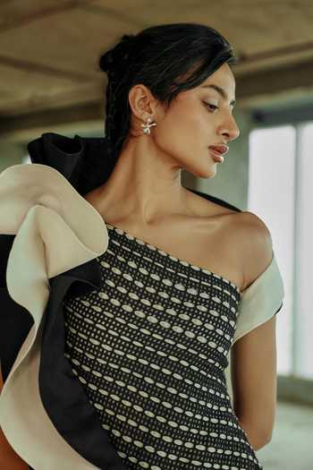 Shop Supria Munjal Black Organza Ruffles Asymmetric Neck, One Shoulder Petal Cascade Gown Online at Aza Fashions Shop_Supria Munjal_Black Organza Ruffles Asymmetric Neck, One Shoulder Petal Cascade Gown _Online_at_Aza_Fashions