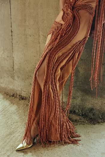 Shop Supria Munjal Tan Organza Fringe, Tassels Off-shoulder Knotted Draped Dress Online at Aza Fashions Shop_Supria Munjal_Tan Organza Fringe, Tassels Off-shoulder Knotted Draped Dress _Online_at_Aza_Fashions