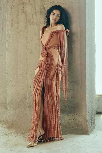 Supria Munjal Tan Organza Fringe, Tassels Off-shoulder Knotted Draped Dress at Aza Fashions Supria Munjal_Tan Organza Fringe, Tassels Off-shoulder Knotted Draped Dress _at_Aza_Fashions