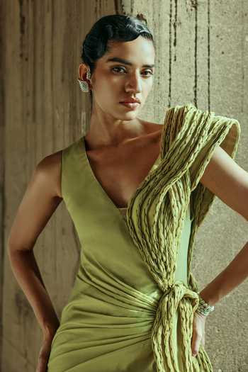 Supria Munjal Olive Green Organza Tassels Asymmetric Neck Entwined Draped Gown Online at Aza Fashions Supria Munjal_Olive Green Organza Tassels Asymmetric Neck Entwined Draped Gown _Online_at_Aza_Fashions