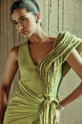 Buy Supria Munjal Olive Green Organza Tassels Asymmetric Neck Entwined Draped Gown Online at Aza Fashions Buy_Supria Munjal_Olive Green Organza Tassels Asymmetric Neck Entwined Draped Gown _Online_at_Aza_Fashions