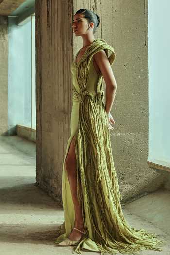Shop Supria Munjal Olive Green Organza Tassels Asymmetric Neck Entwined Draped Gown Online at Aza Fashions Shop_Supria Munjal_Olive Green Organza Tassels Asymmetric Neck Entwined Draped Gown _Online_at_Aza_Fashions