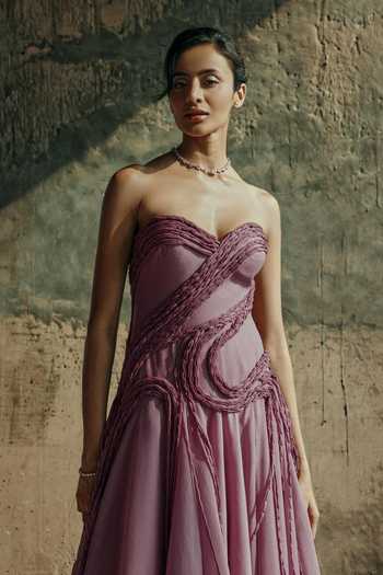 Supria Munjal Mauve Organza Fringe Sweetheart Neck Braided Corset Gown Online at Aza Fashions Supria Munjal_Mauve Organza Fringe Sweetheart Neck Braided Corset Gown _Online_at_Aza_Fashions