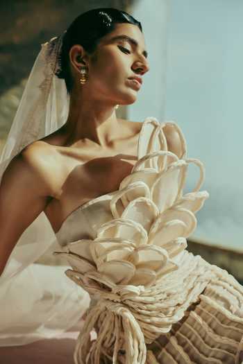 Supria Munjal_White Organza Fabric Flowers One Shoulder Layered Petal Gown _Online_at_Aza_Fashions