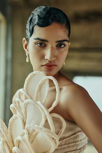 Buy_Supria Munjal_White Organza Fabric Flowers One Shoulder Layered Petal Gown _Online_at_Aza_Fashions