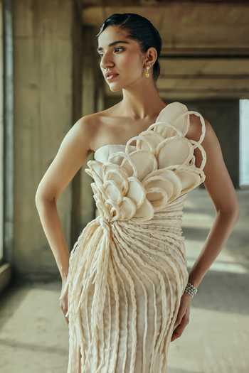 Supria Munjal_White Organza Fabric Flowers One Shoulder Layered Petal Gown _at_Aza_Fashions
