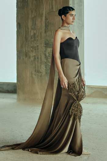 Shop Supria Munjal Black Crepe Applique Sweetheart Neck Sculpted Draped Gown Online at Aza Fashions Shop_Supria Munjal_Black Crepe Applique Sweetheart Neck Sculpted Draped Gown _Online_at_Aza_Fashions