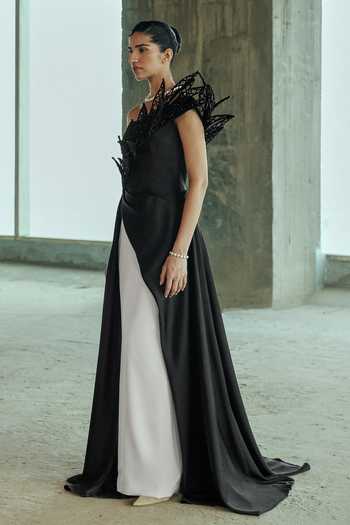 Supria Munjal Black Crepe Cut Work, Applique Asymmetric Neck Embellished Gown Online at Aza Fashions Supria Munjal_Black Crepe Cut Work, Applique Asymmetric Neck Embellished Gown _Online_at_Aza_Fashions