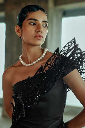 Buy Supria Munjal Black Crepe Cut Work, Applique Asymmetric Neck Embellished Gown Online at Aza Fashions Buy_Supria Munjal_Black Crepe Cut Work, Applique Asymmetric Neck Embellished Gown _Online_at_Aza_Fashions