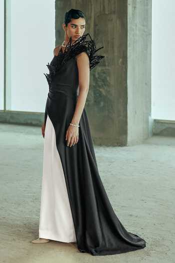 Shop Supria Munjal Black Crepe Cut Work, Applique Asymmetric Neck Embellished Gown Online at Aza Fashions Shop_Supria Munjal_Black Crepe Cut Work, Applique Asymmetric Neck Embellished Gown _Online_at_Aza_Fashions