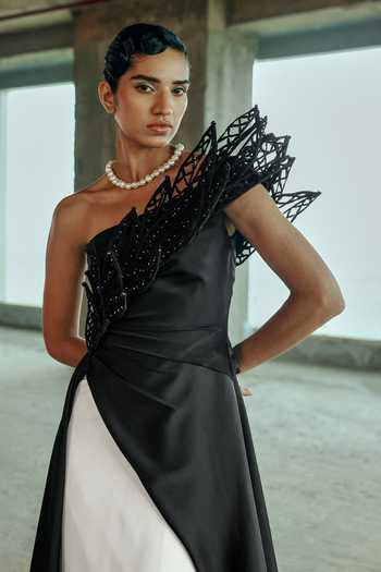 Supria Munjal Black Crepe Cut Work, Applique Asymmetric Neck Embellished Gown at Aza Fashions Supria Munjal_Black Crepe Cut Work, Applique Asymmetric Neck Embellished Gown _at_Aza_Fashions
