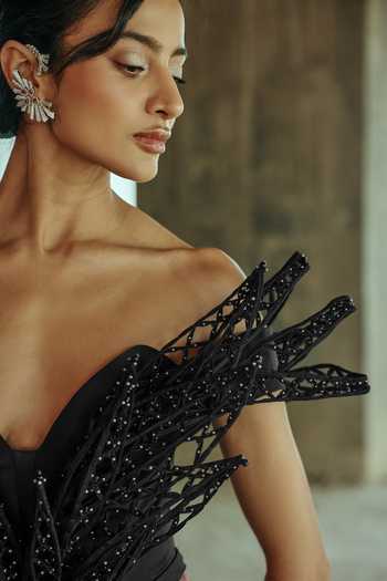 Supria Munjal_Black Crepe Beads Off-shoulder Winged Draped Gown _Online_at_Aza_Fashions