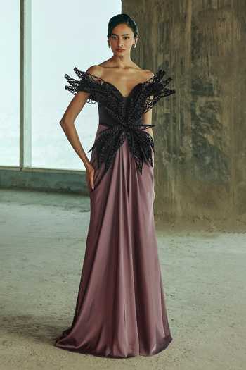 Buy_Supria Munjal_Black Crepe Beads Off-shoulder Winged Draped Gown _Online_at_Aza_Fashions