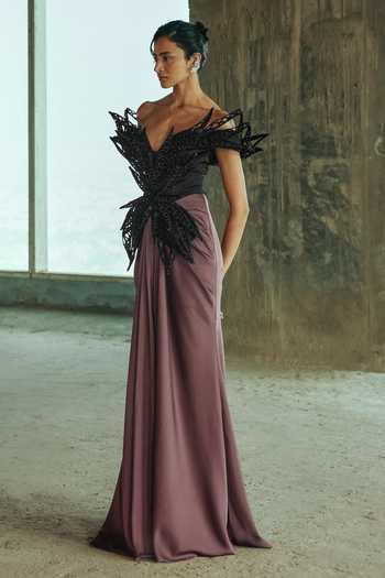 Shop_Supria Munjal_Black Crepe Beads Off-shoulder Winged Draped Gown _Online_at_Aza_Fashions