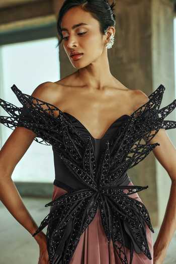 Supria Munjal_Black Crepe Beads Off-shoulder Winged Draped Gown _at_Aza_Fashions