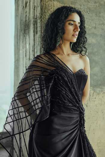 Supria Munjal_Black Crepe, Tulle Sequins, Beads Sweetheart Neck Sheer Draped Gown _Online_at_Aza_Fashions