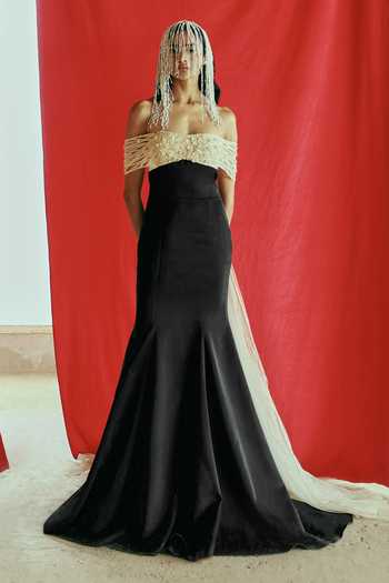 Supria Munjal Sheer Off Shoulder Trail Gown 