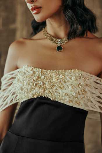Buy Supria Munjal Black Crepe, Tulle Off-shoulder Sheer Off Trail Gown Online at Aza Fashions Buy_Supria Munjal_Black Crepe, Tulle Off-shoulder Sheer Off Trail Gown _Online_at_Aza_Fashions