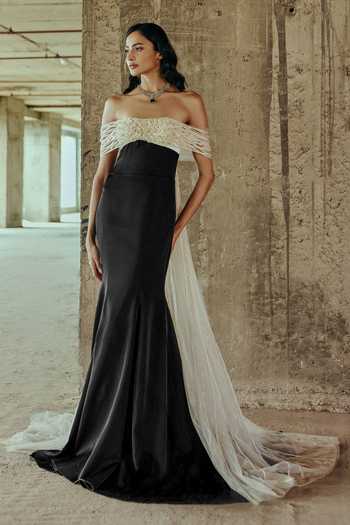 Supria Munjal Black Crepe, Tulle Off-shoulder Sheer Off Trail Gown at Aza Fashions Supria Munjal_Black Crepe, Tulle Off-shoulder Sheer Off Trail Gown _at_Aza_Fashions