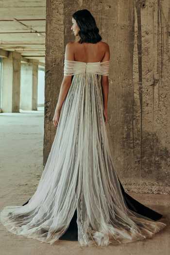 Supria Munjal Sheer Off Shoulder Trail Gown 