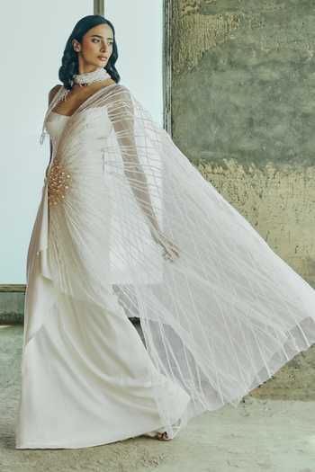 Supria Munjal_White Crepe, Tulle One Shoulder Sheer Overlay Gown _Online_at_Aza_Fashions