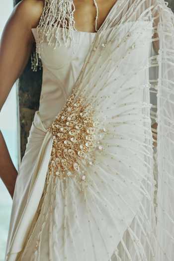 Buy_Supria Munjal_White Crepe, Tulle One Shoulder Sheer Overlay Gown _Online_at_Aza_Fashions
