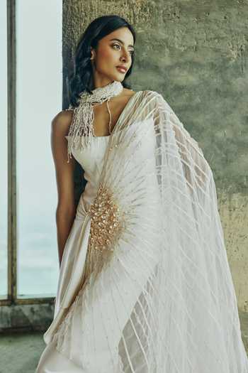 Shop_Supria Munjal_White Crepe, Tulle One Shoulder Sheer Overlay Gown _Online_at_Aza_Fashions