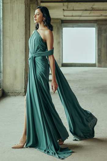 Supria Munjal Blue Crepe One Shoulder Corset Draped Gown Online at Aza Fashions Supria Munjal_Blue Crepe One Shoulder Corset Draped Gown _Online_at_Aza_Fashions