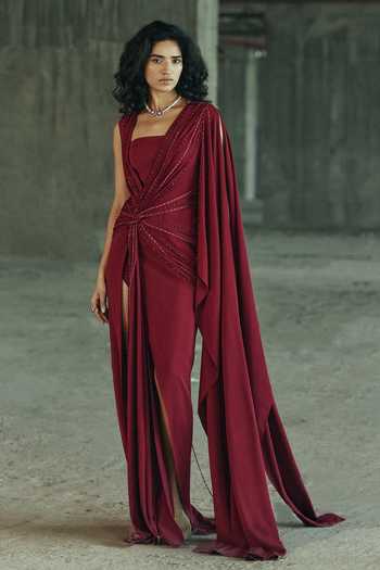 Supria Munjal Red Crepe Sequins, Stones Square Neck Draped Embellished Gown Online at Aza Fashions Supria Munjal_Red Crepe Sequins, Stones Square Neck Draped Embellished Gown _Online_at_Aza_Fashions