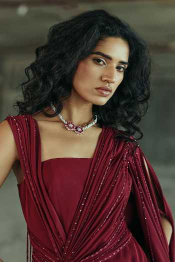 Buy Supria Munjal Red Crepe Sequins, Stones Square Neck Draped Embellished Gown Online at Aza Fashions Buy_Supria Munjal_Red Crepe Sequins, Stones Square Neck Draped Embellished Gown _Online_at_Aza_Fashions