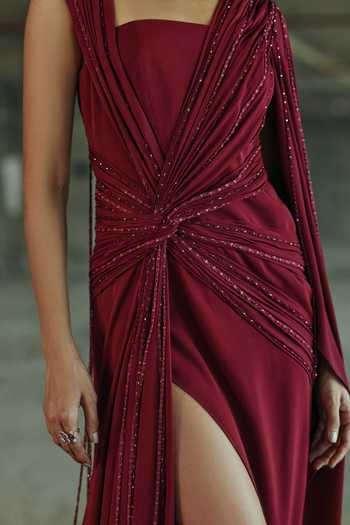 Shop Supria Munjal Red Crepe Sequins, Stones Square Neck Draped Embellished Gown Online at Aza Fashions Shop_Supria Munjal_Red Crepe Sequins, Stones Square Neck Draped Embellished Gown _Online_at_Aza_Fashions