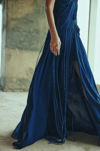 Supria Munjal_Blue Crepe Beads Halter Neck, Off-shoulder Gathered Draped Gown _Online_at_Aza_Fashions