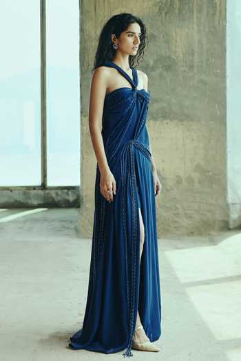 Shop_Supria Munjal_Blue Crepe Beads Halter Neck, Off-shoulder Gathered Draped Gown _Online_at_Aza_Fashions