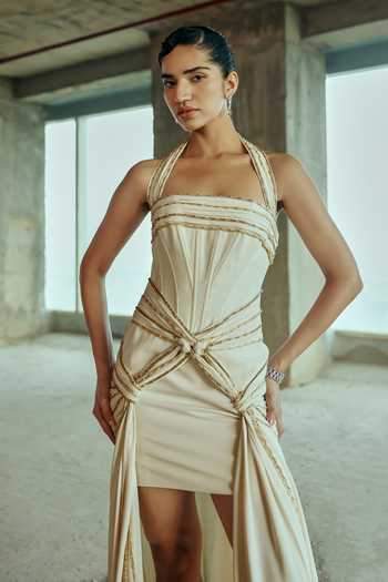 Buy Supria Munjal White Crepe Halter Neck Draped Dress Online at Aza Fashions Buy_Supria Munjal_White Crepe Halter Neck Draped Dress _Online_at_Aza_Fashions