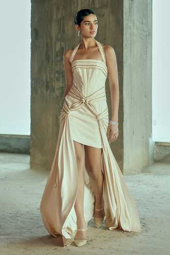Shop Supria Munjal White Crepe Halter Neck Draped Dress Online at Aza Fashions Shop_Supria Munjal_White Crepe Halter Neck Draped Dress _Online_at_Aza_Fashions