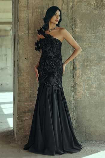Supria Munjal Black Organza Applique One Shoulder Floral Corset Gown Online at Aza Fashions Supria Munjal_Black Organza Applique One Shoulder Floral Corset Gown _Online_at_Aza_Fashions