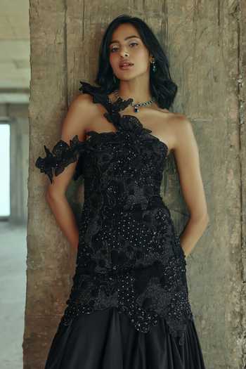 Shop Supria Munjal Black Organza Applique One Shoulder Floral Corset Gown Online at Aza Fashions Shop_Supria Munjal_Black Organza Applique One Shoulder Floral Corset Gown _Online_at_Aza_Fashions