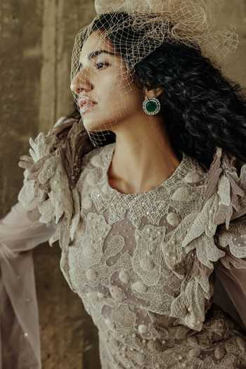 Supria Munjal Beige Tulle Embroidery, Applique Round Neck Embellished Draped Gown Online at Aza Fashions Supria Munjal_Beige Tulle Embroidery, Applique Round Neck Embellished Draped Gown _Online_at_Aza_Fashions