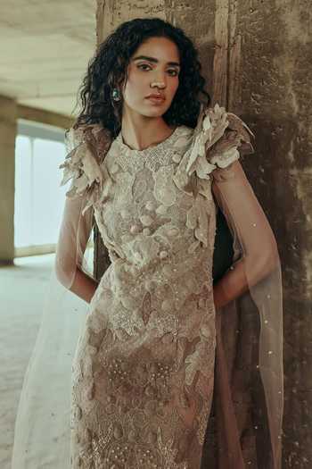 Buy Supria Munjal Beige Tulle Embroidery, Applique Round Neck Embellished Draped Gown Online at Aza Fashions Buy_Supria Munjal_Beige Tulle Embroidery, Applique Round Neck Embellished Draped Gown _Online_at_Aza_Fashions