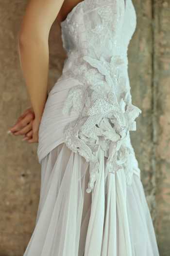 Supria Munjal_White Tulle Applique Halter Neck Draped Mermaid Gown _Online_at_Aza_Fashions
