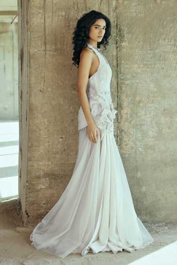 Shop_Supria Munjal_White Tulle Applique Halter Neck Draped Mermaid Gown _Online_at_Aza_Fashions