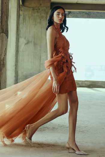 Supria Munjal Peach Tulle Embroidery, Fabric Flowers Halter Neck Gown Online at Aza Fashions Supria Munjal_Peach Tulle Embroidery, Fabric Flowers Halter Neck Gown _Online_at_Aza_Fashions
