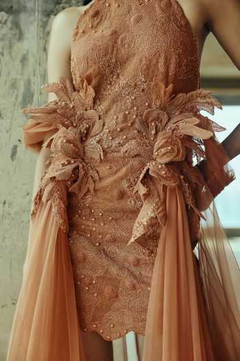 Shop Supria Munjal Peach Tulle Embroidery, Fabric Flowers Halter Neck Gown Online at Aza Fashions Shop_Supria Munjal_Peach Tulle Embroidery, Fabric Flowers Halter Neck Gown _Online_at_Aza_Fashions