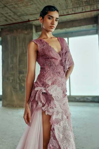 Supria Munjal Mauve Tulle Applique, Fabric Flowers V-neck Botanical Embellished Gown Online at Aza Fashions Supria Munjal_Mauve Tulle Applique, Fabric Flowers V-neck Botanical Embellished Gown _Online_at_Aza_Fashions